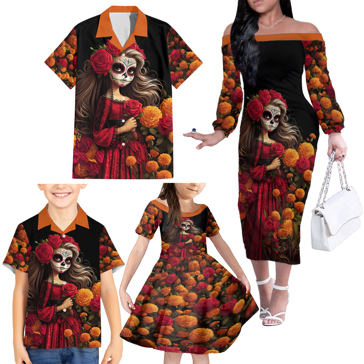 Day of Dead Girl Family Matching Off Shoulder Long Sleeve Dress and Hawaiian Shirt Sugar Skull Girl Rose And Marigold - Wonder Print Shop