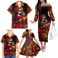 Day of Dead Girl Family Matching Off Shoulder Long Sleeve Dress and Hawaiian Shirt Sugar Skull Girl Rose And Marigold - Wonder Print Shop