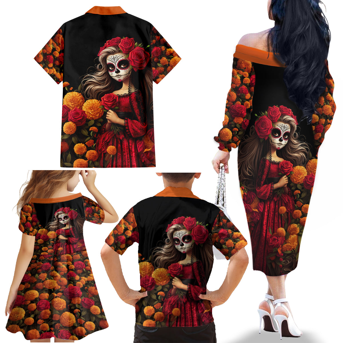 Day of Dead Girl Family Matching Off Shoulder Long Sleeve Dress and Hawaiian Shirt Sugar Skull Girl Rose And Marigold - Wonder Print Shop