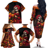 Day of Dead Girl Family Matching Off Shoulder Long Sleeve Dress and Hawaiian Shirt Sugar Skull Girl Rose And Marigold - Wonder Print Shop