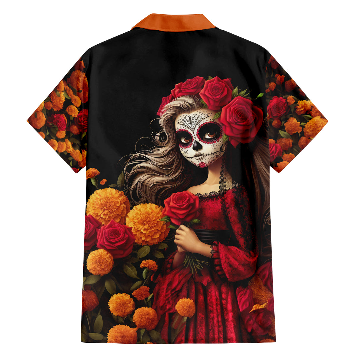 Day of Dead Girl Family Matching Off Shoulder Long Sleeve Dress and Hawaiian Shirt Sugar Skull Girl Rose And Marigold - Wonder Print Shop