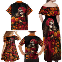 Day of Dead Girl Family Matching Off Shoulder Maxi Dress and Hawaiian Shirt Sugar Skull Girl Rose And Marigold - Wonder Print Shop