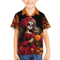 Day of Dead Girl Family Matching Off Shoulder Maxi Dress and Hawaiian Shirt Sugar Skull Girl Rose And Marigold - Wonder Print Shop