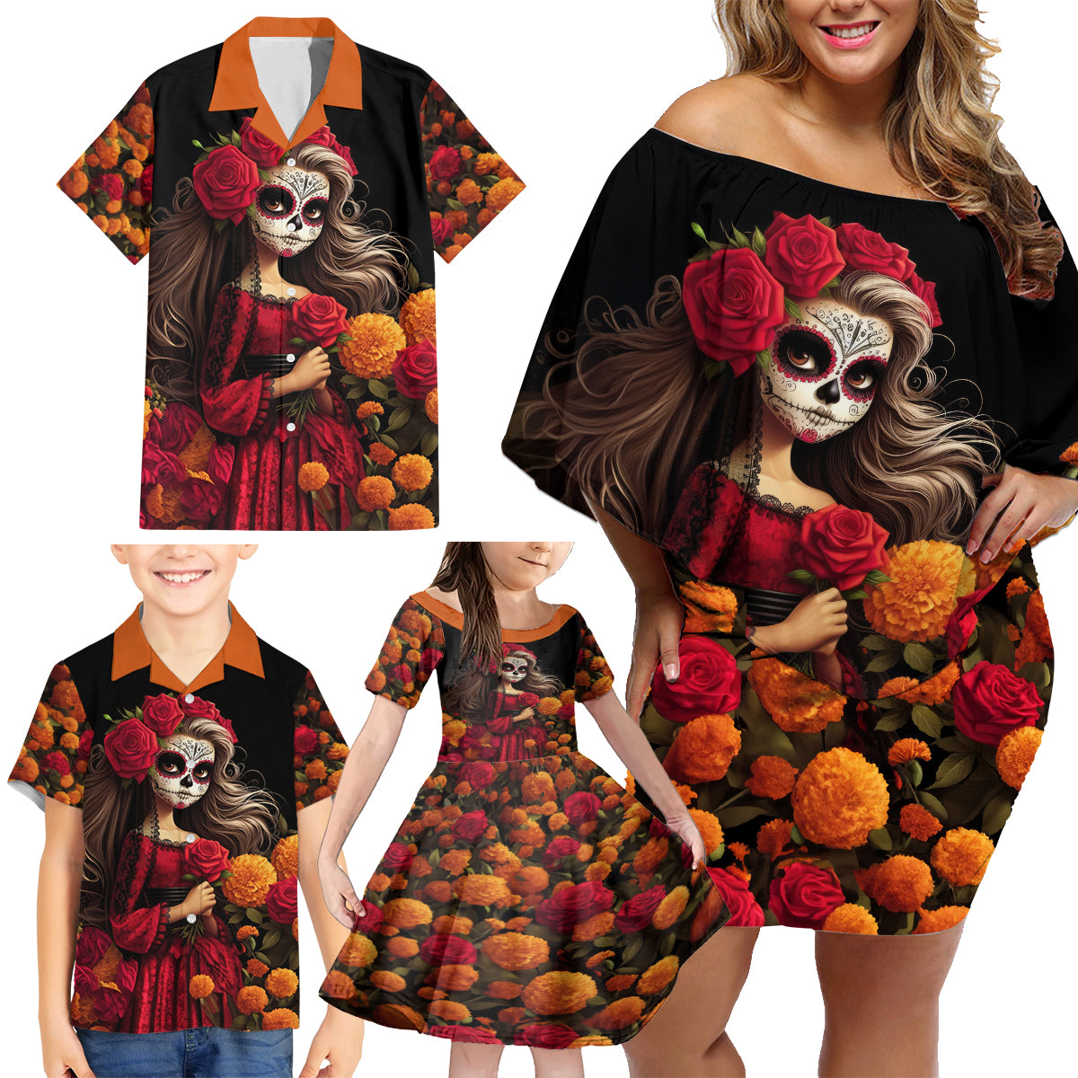 Day of Dead Girl Family Matching Off Shoulder Short Dress and Hawaiian Shirt Sugar Skull Girl Rose And Marigold - Wonder Print Shop