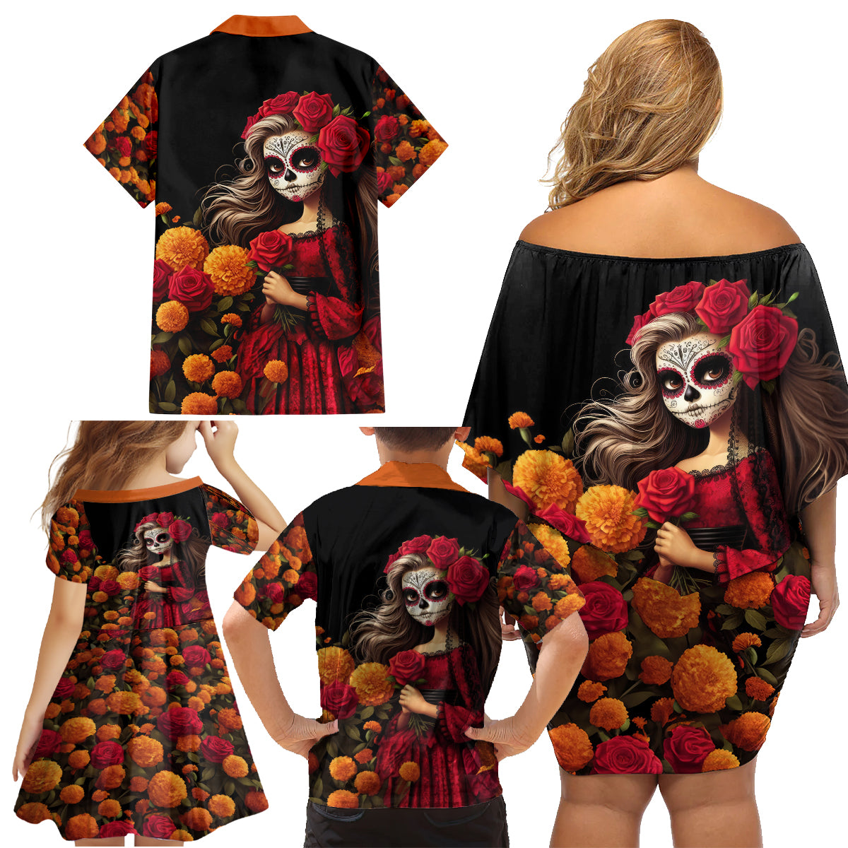 Day of Dead Girl Family Matching Off Shoulder Short Dress and Hawaiian Shirt Sugar Skull Girl Rose And Marigold - Wonder Print Shop