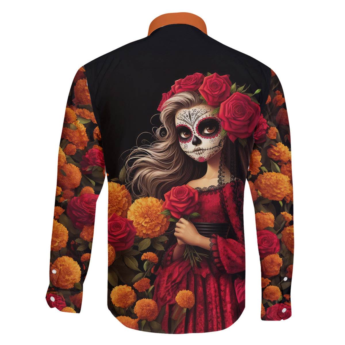 Day of Dead Girl Family Matching Off Shoulder Short Dress and Hawaiian Shirt Sugar Skull Girl Rose And Marigold - Wonder Print Shop