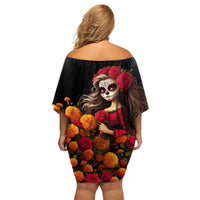 Day of Dead Girl Family Matching Off Shoulder Short Dress and Hawaiian Shirt Sugar Skull Girl Rose And Marigold - Wonder Print Shop