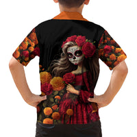 Day of Dead Girl Family Matching Puletasi Dress and Hawaiian Shirt Sugar Skull Girl Rose And Marigold - Wonder Print Shop