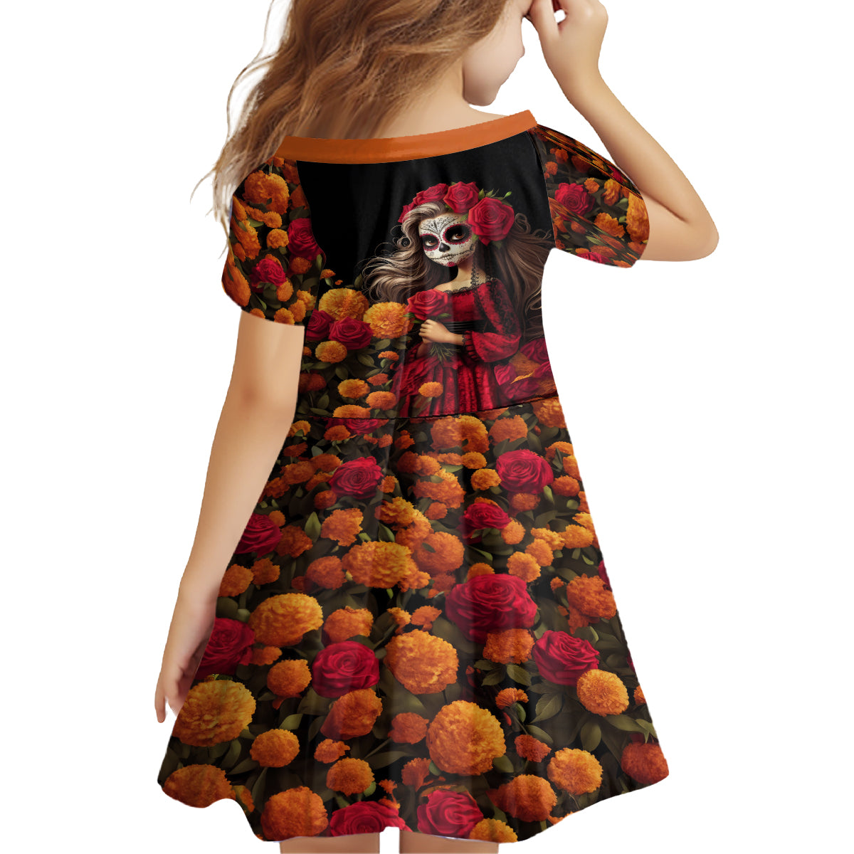 Day of Dead Girl Family Matching Puletasi Dress and Hawaiian Shirt Sugar Skull Girl Rose And Marigold - Wonder Print Shop