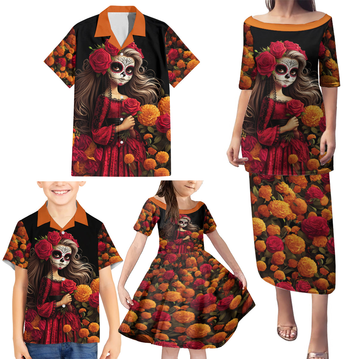 Day of Dead Girl Family Matching Puletasi Dress and Hawaiian Shirt Sugar Skull Girl Rose And Marigold - Wonder Print Shop