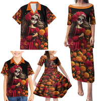 Day of Dead Girl Family Matching Puletasi Dress and Hawaiian Shirt Sugar Skull Girl Rose And Marigold - Wonder Print Shop