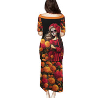 Day of Dead Girl Family Matching Puletasi Dress and Hawaiian Shirt Sugar Skull Girl Rose And Marigold - Wonder Print Shop