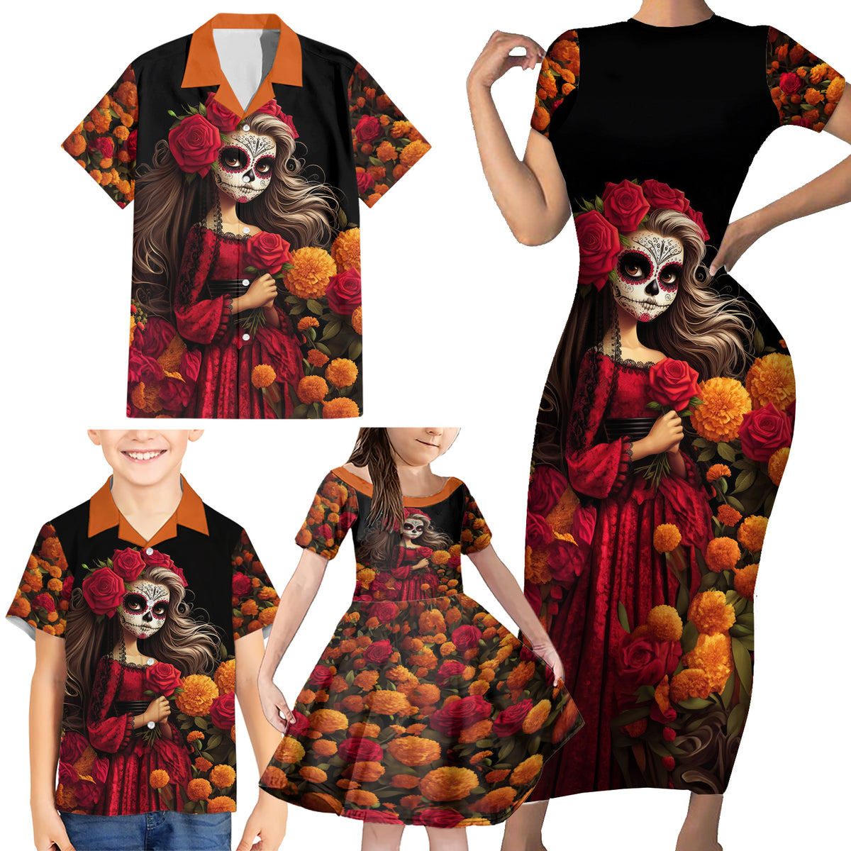 Day of Dead Girl Family Matching Short Sleeve Bodycon Dress and Hawaiian Shirt Sugar Skull Girl Rose And Marigold - Wonder Print Shop