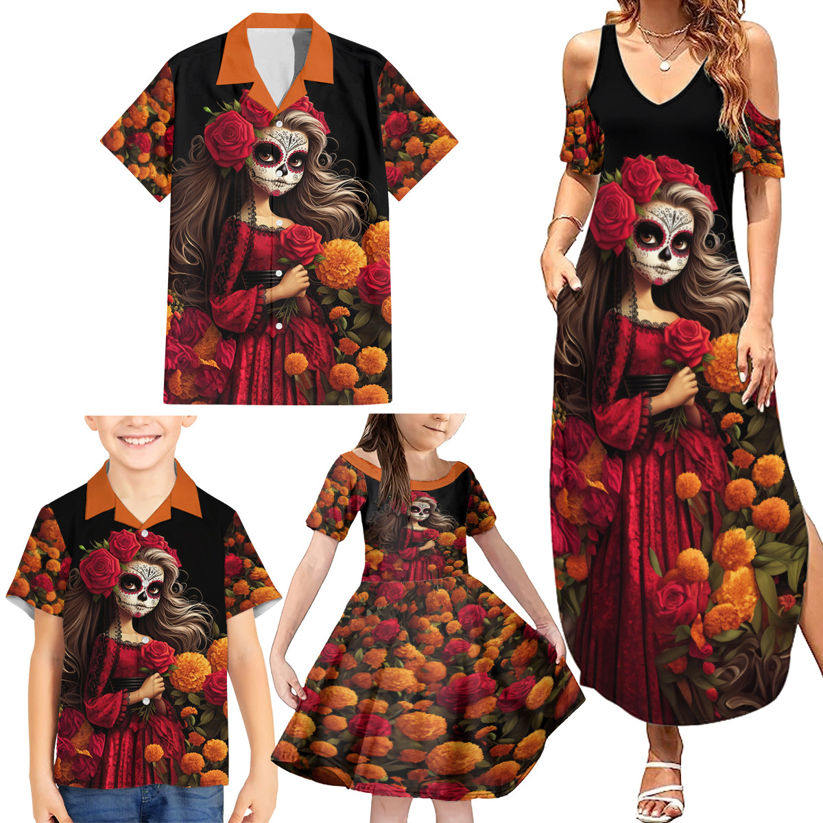 Day of Dead Girl Family Matching Summer Maxi Dress and Hawaiian Shirt Sugar Skull Girl Rose And Marigold - Wonder Print Shop