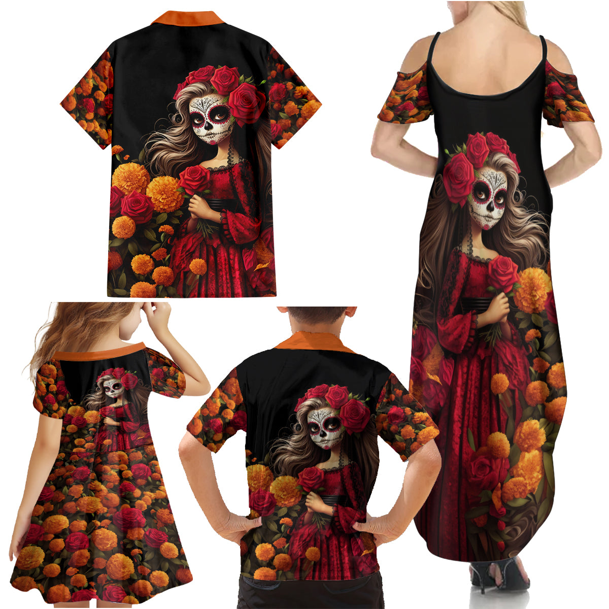 Day of Dead Girl Family Matching Summer Maxi Dress and Hawaiian Shirt Sugar Skull Girl Rose And Marigold - Wonder Print Shop