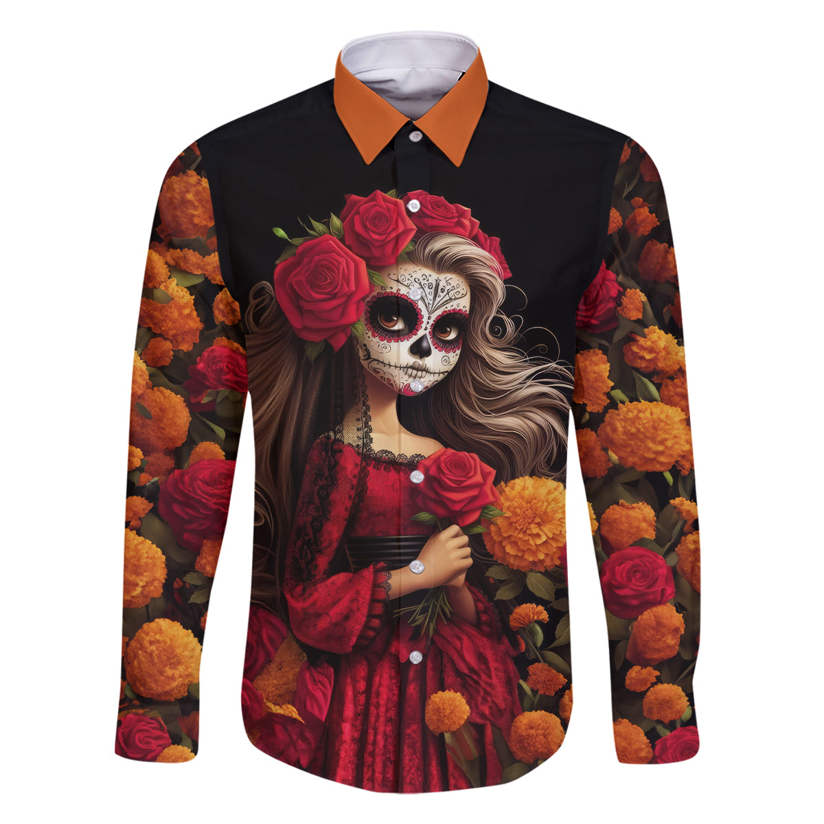 Day of Dead Girl Family Matching Summer Maxi Dress and Hawaiian Shirt Sugar Skull Girl Rose And Marigold - Wonder Print Shop