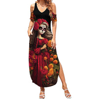 Day of Dead Girl Family Matching Summer Maxi Dress and Hawaiian Shirt Sugar Skull Girl Rose And Marigold - Wonder Print Shop