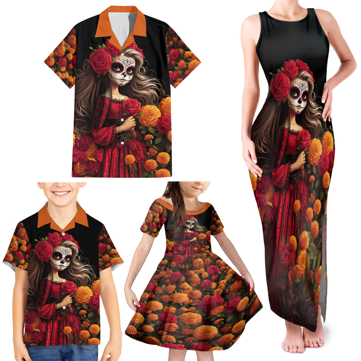 Day of Dead Girl Family Matching Tank Maxi Dress and Hawaiian Shirt Sugar Skull Girl Rose And Marigold - Wonder Print Shop