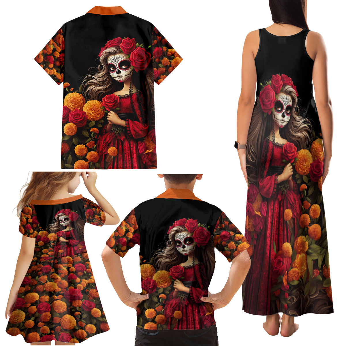 Day of Dead Girl Family Matching Tank Maxi Dress and Hawaiian Shirt Sugar Skull Girl Rose And Marigold - Wonder Print Shop
