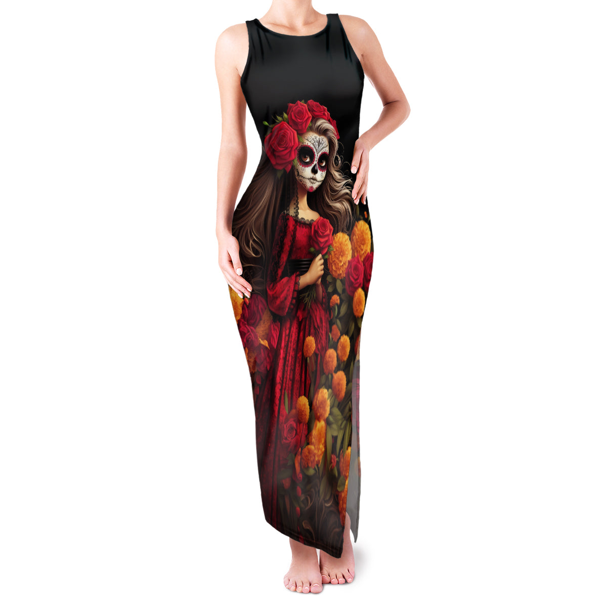 Day of Dead Girl Family Matching Tank Maxi Dress and Hawaiian Shirt Sugar Skull Girl Rose And Marigold - Wonder Print Shop
