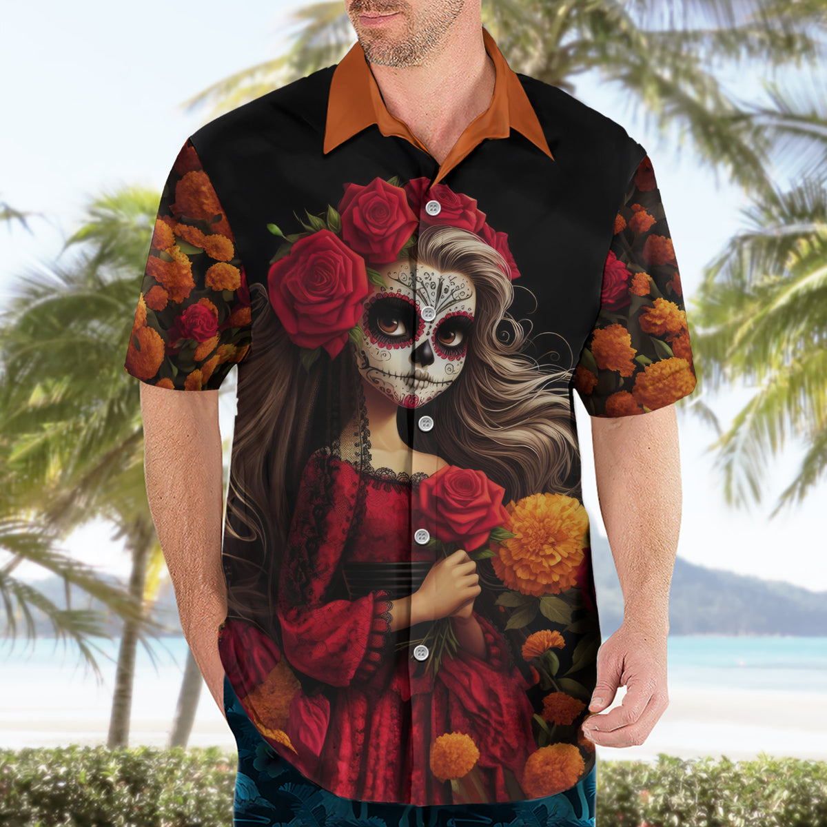 Day of Dead Girl Hawaiian Shirt Sugar Skull Girl Rose And Marigold - Wonder Print Shop
