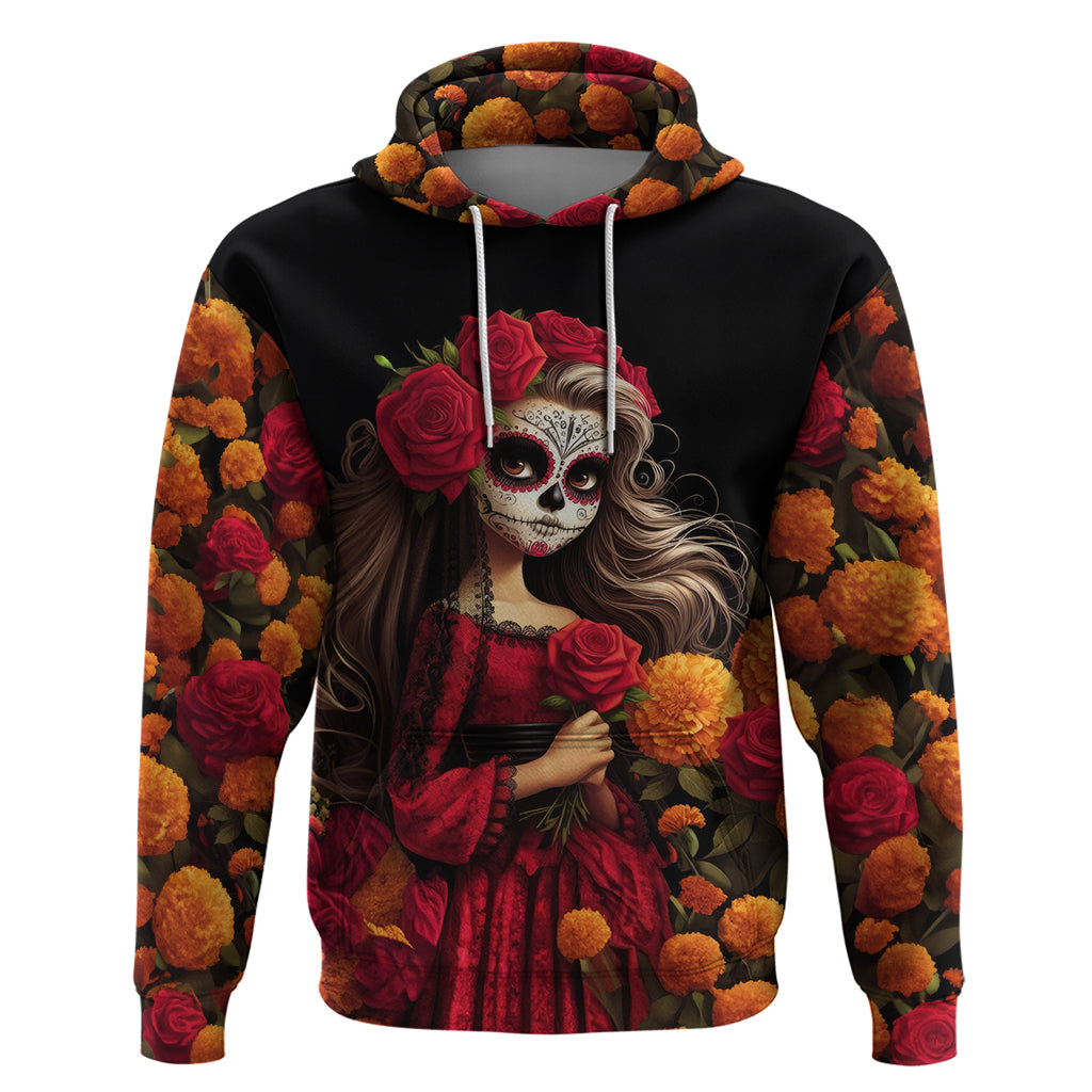 Day of Dead Girl Hoodie Sugar Skull Girl Rose And Marigold - Wonder Print Shop