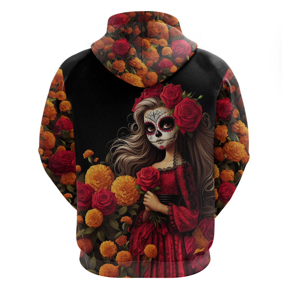 Day of Dead Girl Hoodie Sugar Skull Girl Rose And Marigold - Wonder Print Shop