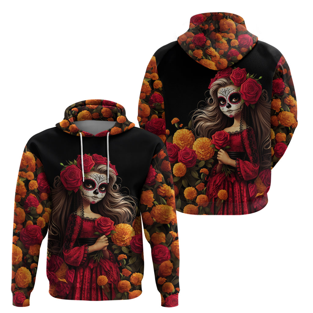 Day of Dead Girl Hoodie Sugar Skull Girl Rose And Marigold - Wonder Print Shop