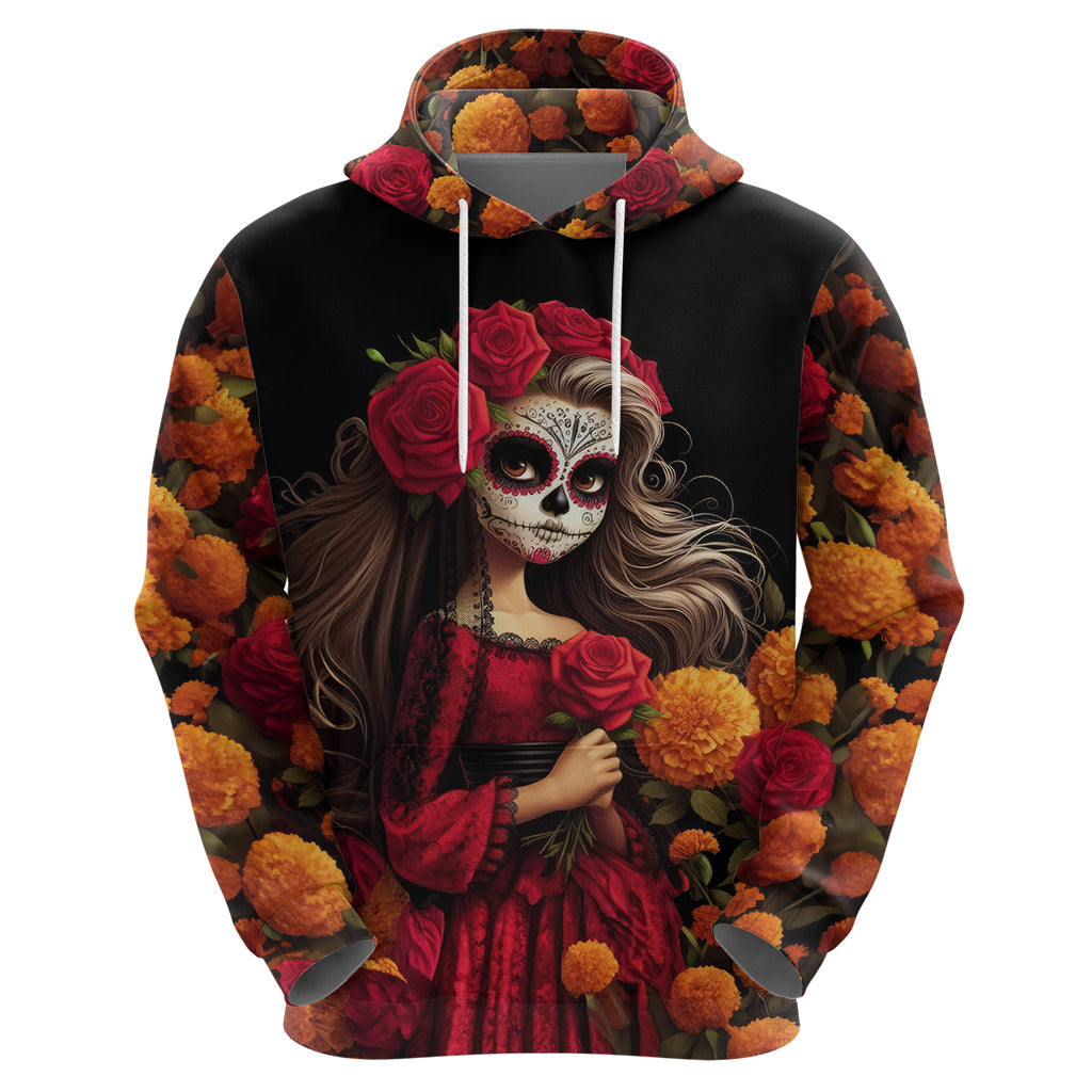 Day of Dead Girl Hoodie Sugar Skull Girl Rose And Marigold - Wonder Print Shop