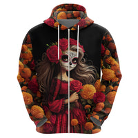 Day of Dead Girl Hoodie Sugar Skull Girl Rose And Marigold - Wonder Print Shop