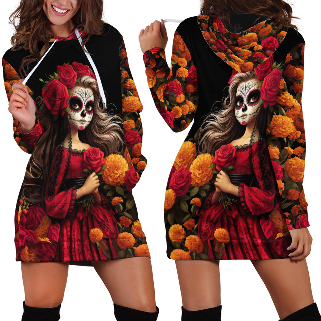 Day of Dead Girl Hoodie Dress Sugar Skull Girl Rose And Marigold - Wonder Print Shop