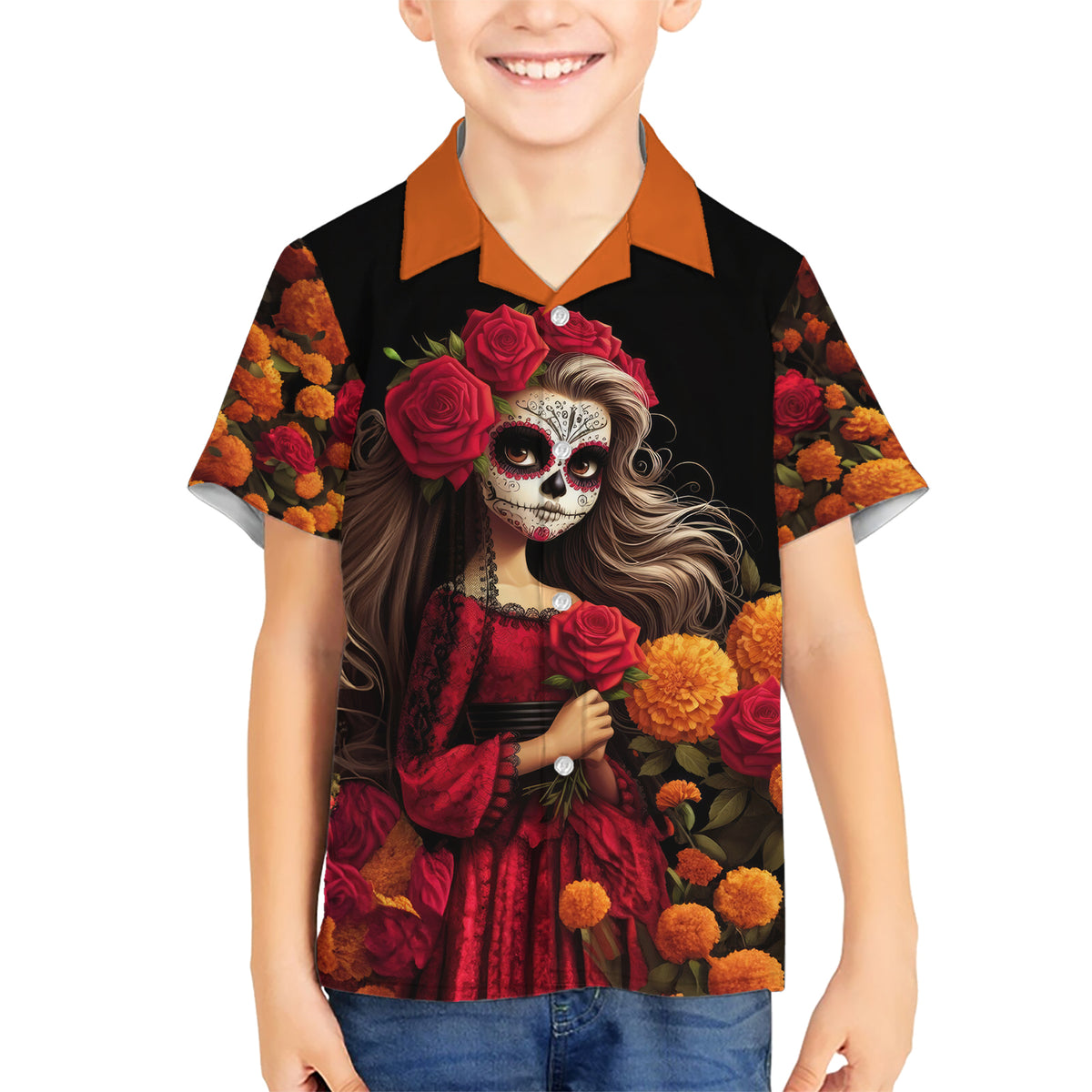 Day of Dead Girl Kid Hawaiian Shirt Sugar Skull Girl Rose And Marigold - Wonder Print Shop