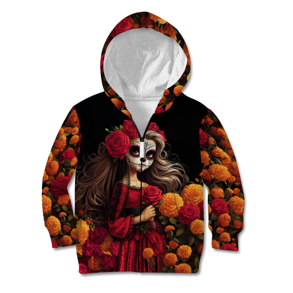 Day of Dead Girl Kid Hoodie Sugar Skull Girl Rose And Marigold - Wonder Print Shop