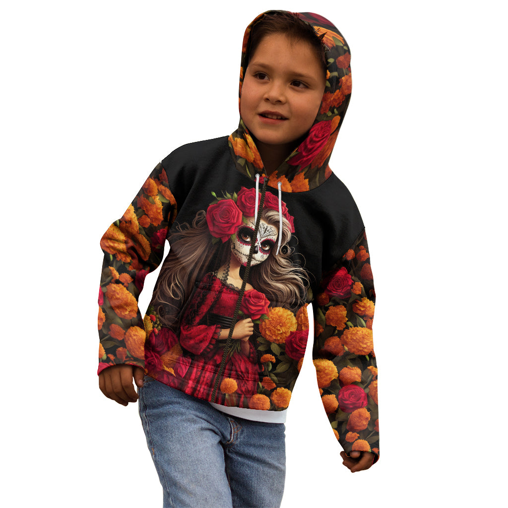Day of Dead Girl Kid Hoodie Sugar Skull Girl Rose And Marigold - Wonder Print Shop