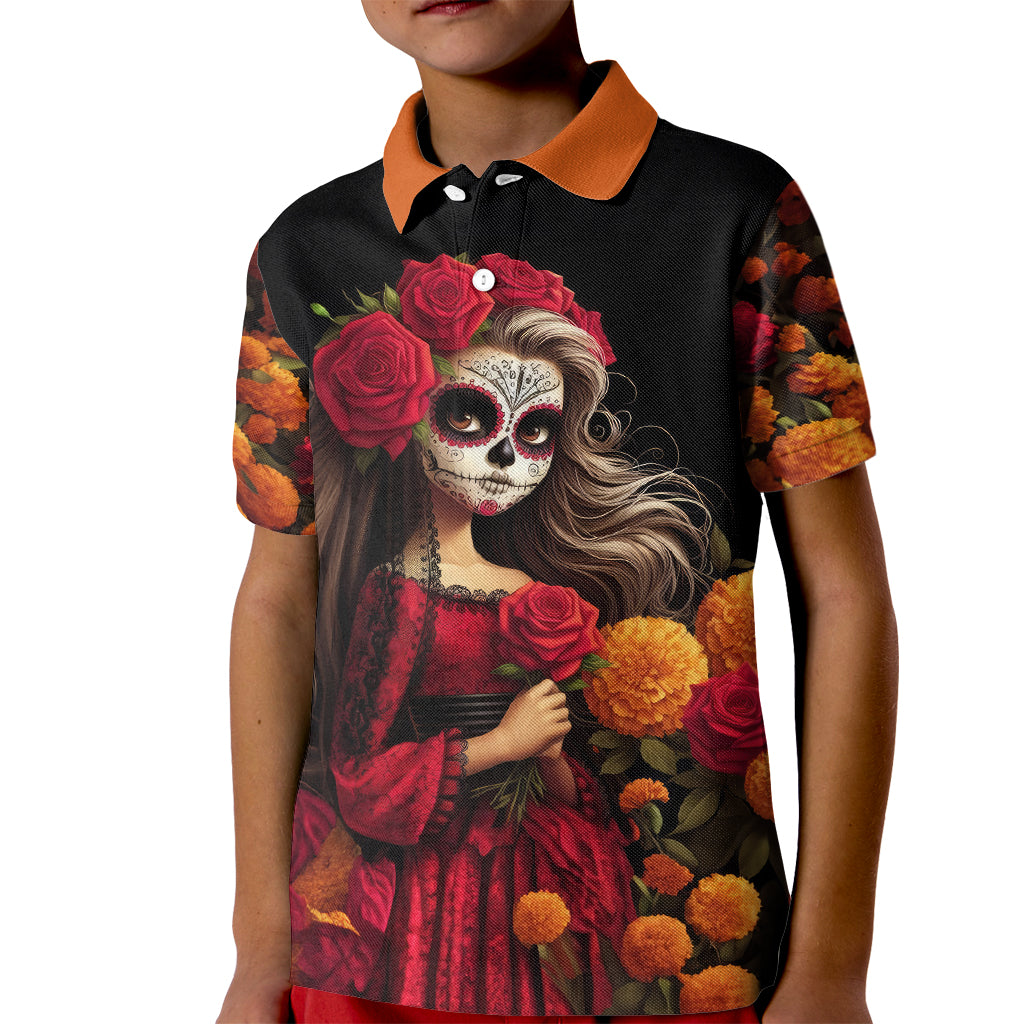 Day of Dead Girl Kid Polo Shirt Sugar Skull Girl Rose And Marigold - Wonder Print Shop
