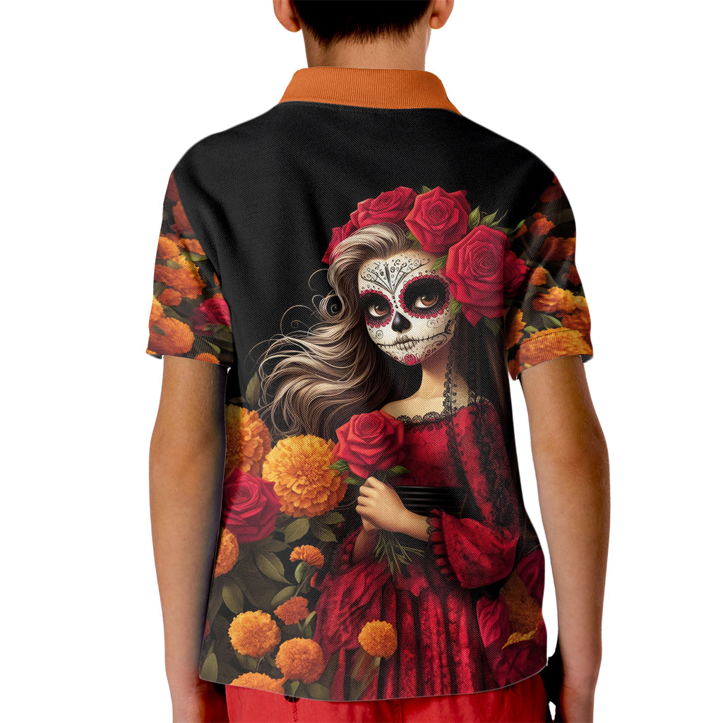 Day of Dead Girl Kid Polo Shirt Sugar Skull Girl Rose And Marigold - Wonder Print Shop