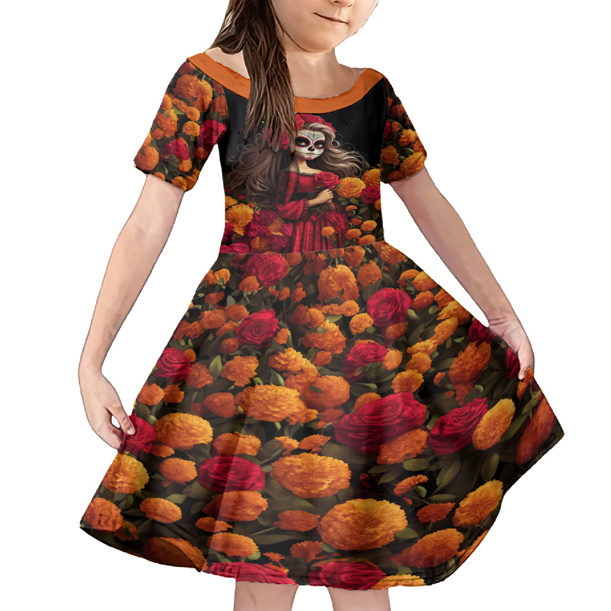 Day of Dead Girl Kid Short Sleeve Dress Sugar Skull Girl Rose And Marigold - Wonder Print Shop