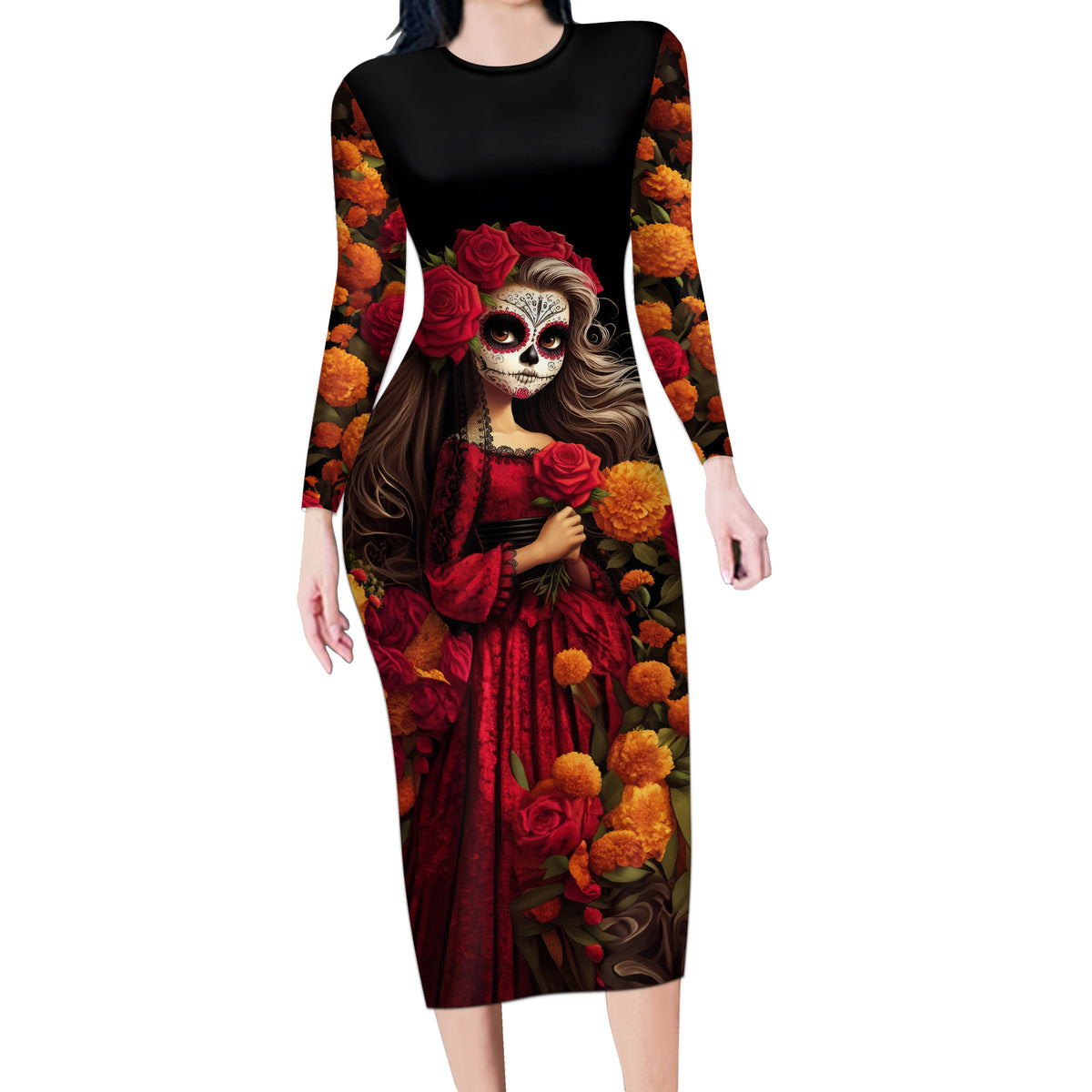 Day of Dead Girl Long Sleeve Bodycon Dress Sugar Skull Girl Rose And Marigold - Wonder Print Shop