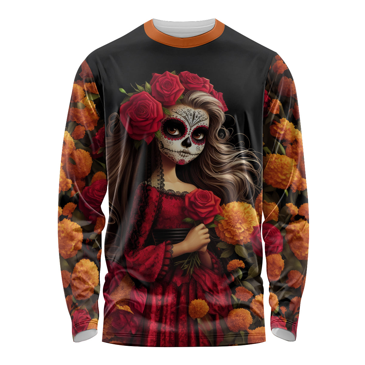 Day of Dead Girl Long Sleeve Shirt Sugar Skull Girl Rose And Marigold - Wonder Print Shop