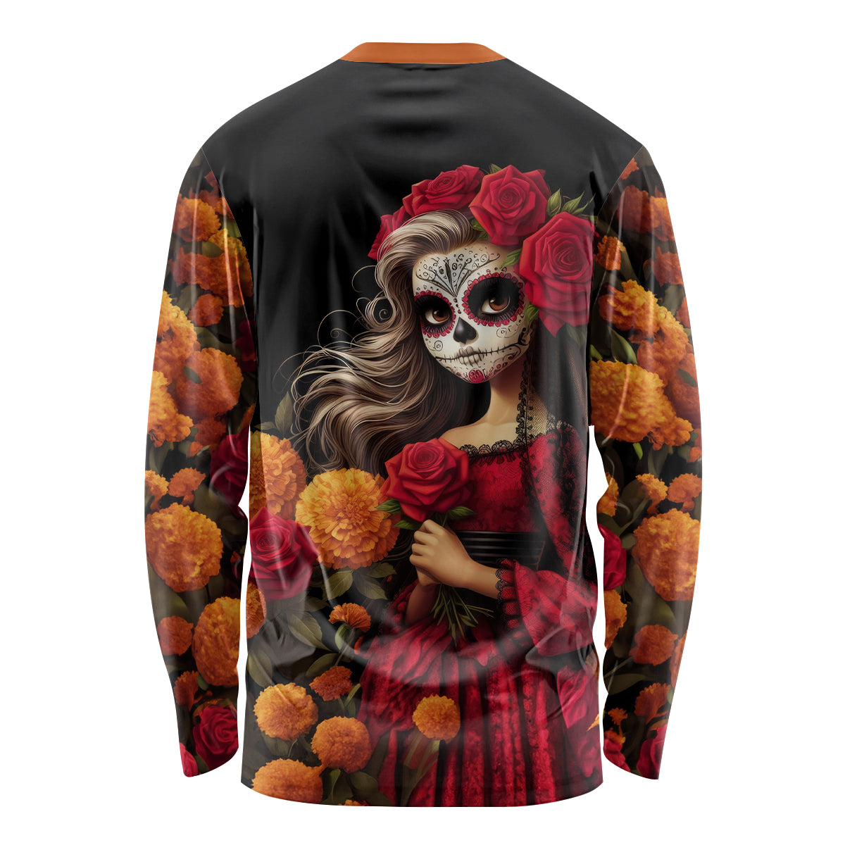 Day of Dead Girl Long Sleeve Shirt Sugar Skull Girl Rose And Marigold - Wonder Print Shop