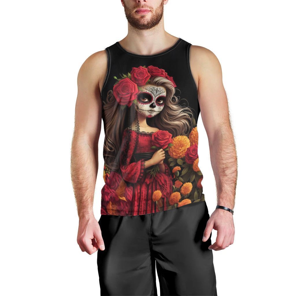 Day of Dead Girl Men Tank Top Sugar Skull Girl Rose And Marigold - Wonder Print Shop