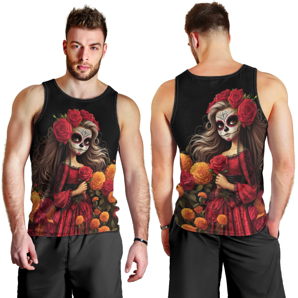 Day of Dead Girl Men Tank Top Sugar Skull Girl Rose And Marigold - Wonder Print Shop