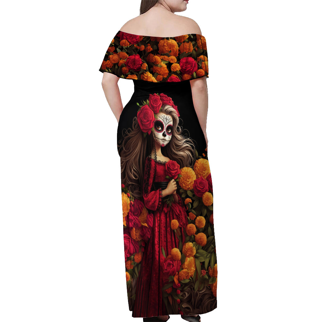 Day of Dead Girl Off Shoulder Maxi Dress Sugar Skull Girl Rose And Marigold - Wonder Print Shop