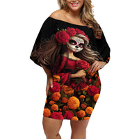 Day of Dead Girl Off Shoulder Short Dress Sugar Skull Girl Rose And Marigold - Wonder Print Shop