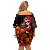 Day of Dead Girl Off Shoulder Short Dress Sugar Skull Girl Rose And Marigold - Wonder Print Shop