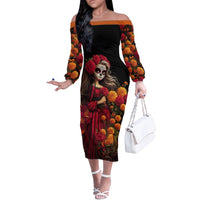 Day of Dead Girl Off The Shoulder Long Sleeve Dress Sugar Skull Girl Rose And Marigold - Wonder Print Shop