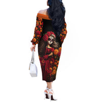Day of Dead Girl Off The Shoulder Long Sleeve Dress Sugar Skull Girl Rose And Marigold - Wonder Print Shop