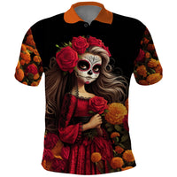 Day of Dead Girl Polo Shirt Sugar Skull Girl Rose And Marigold - Wonder Print Shop