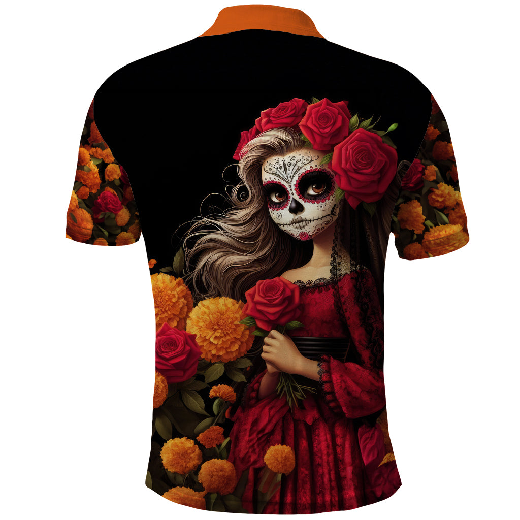 Day of Dead Girl Polo Shirt Sugar Skull Girl Rose And Marigold - Wonder Print Shop