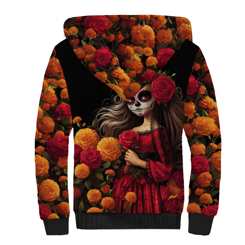 Day of Dead Girl Sherpa Hoodie Sugar Skull Girl Rose And Marigold - Wonder Print Shop